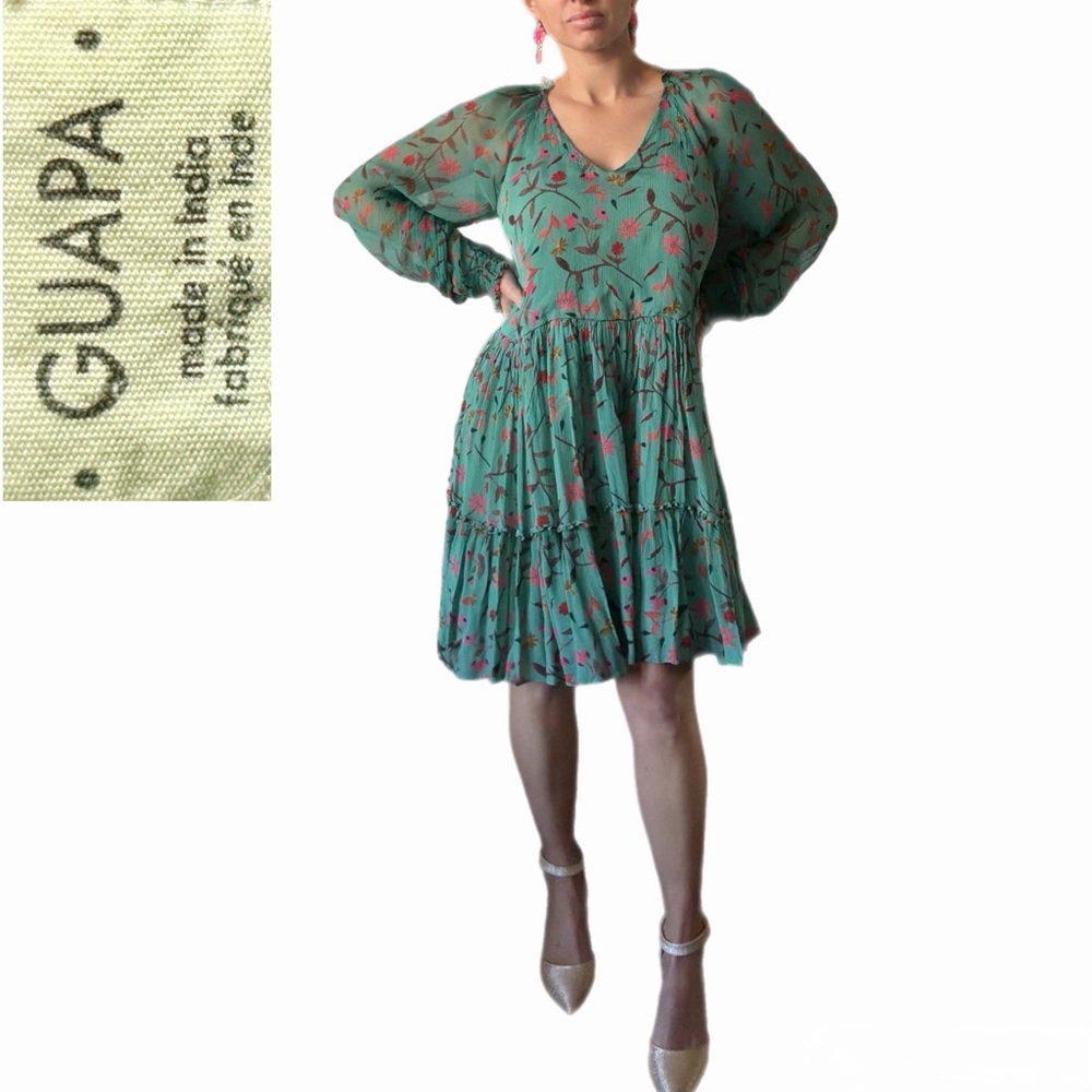 Anthropology x Guapa Floral Boho Mini Dress | Green Pink Floral Empire Waist